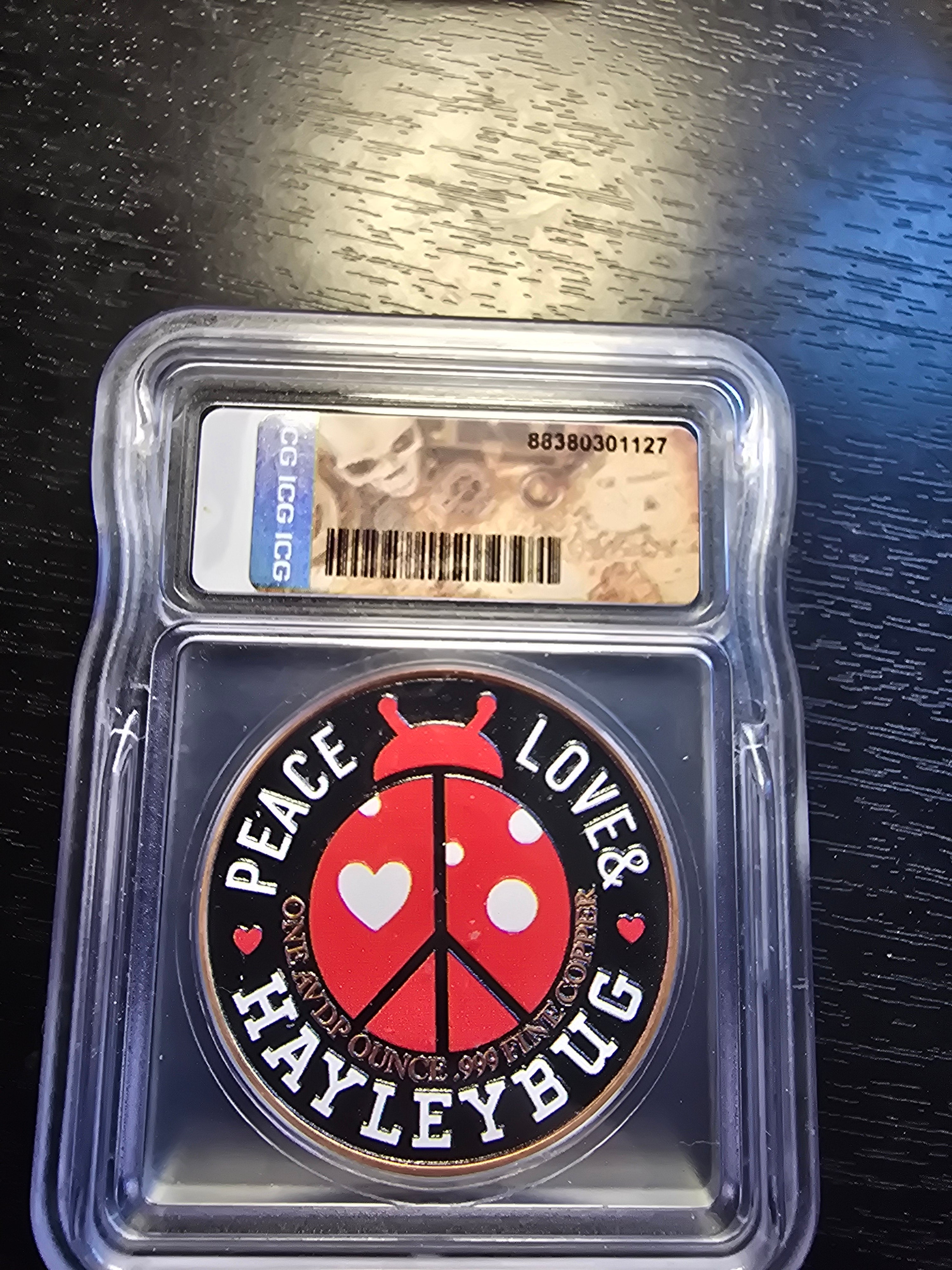 PIRATE 1 oz Colorized Copper Round - PEACE LOVE & HAYLEYBUG - ICG Graded MS70