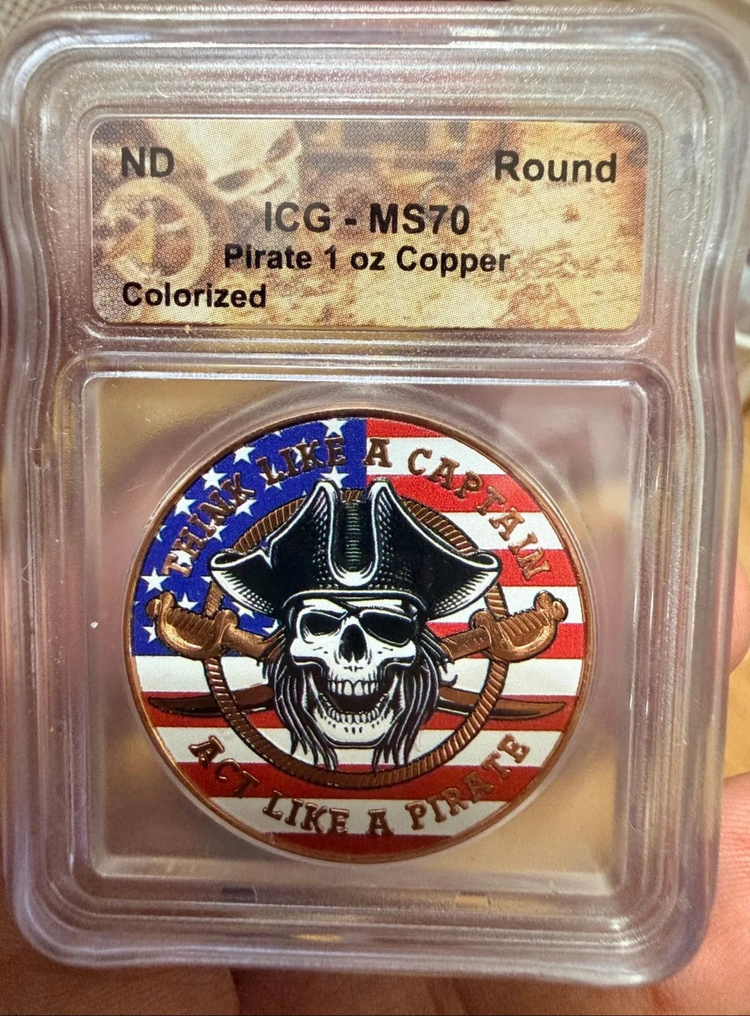 PIRATE 1 oz Colorized Copper Round - PEACE LOVE & HAYLEYBUG - ICG Graded MS70